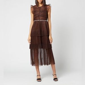 SELF PORTRAIT Crystal-Trimmed Pleated Lace Midi Dress